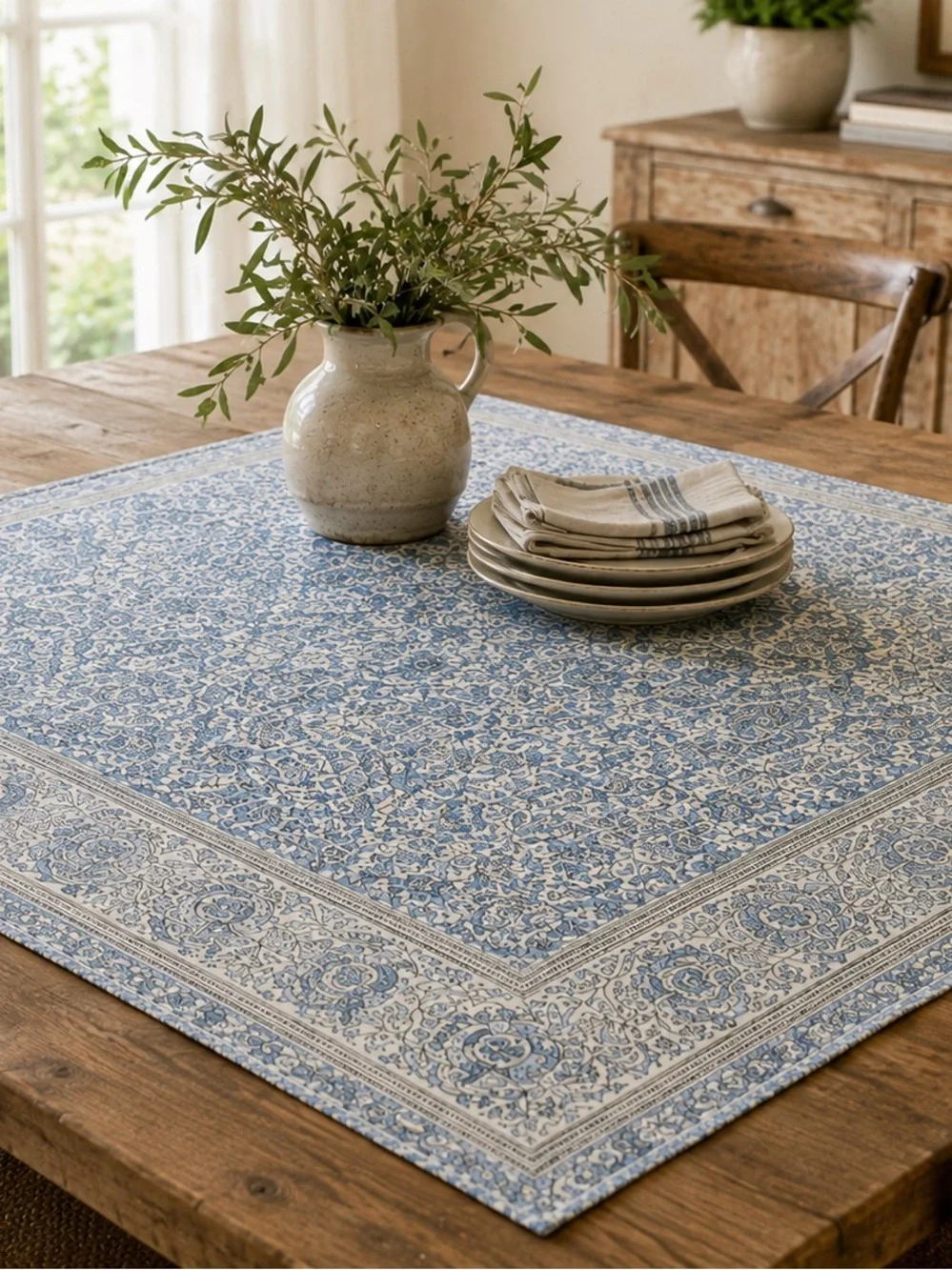 Pottery Barn Blue and Beige Floral Block-Print Tablecloth 47x47